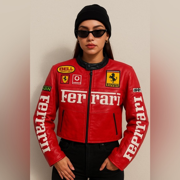 None Jackets & Blazers - Handmade Vintage Ferrari Racing Vegan Leather Crop Jacket Red Formula1 Size XS/S